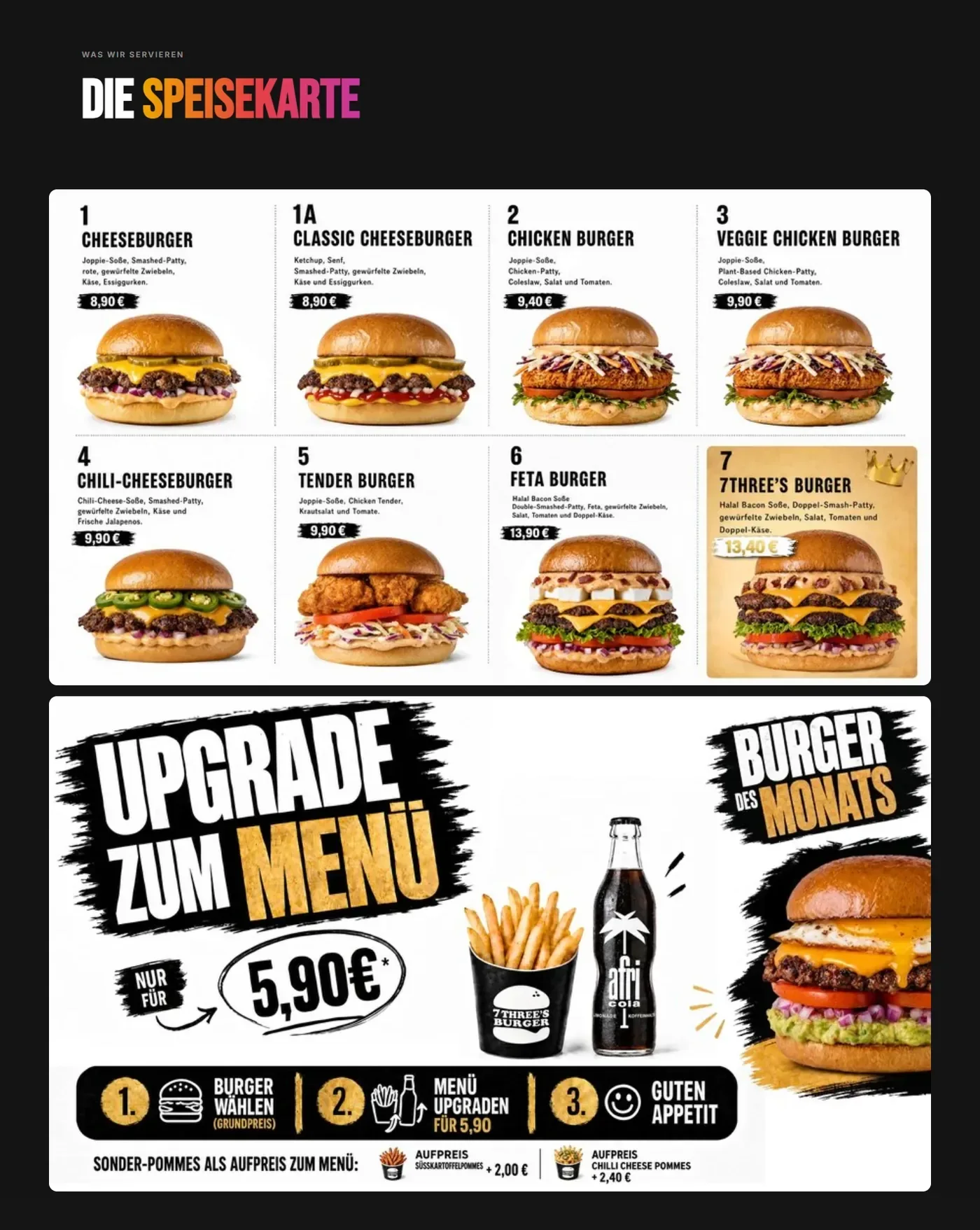 Speisekarte von 7 Three's Burger als Menü-Boards: nummerierte Burger, Upgrade zum Menü, Sides und Getränke