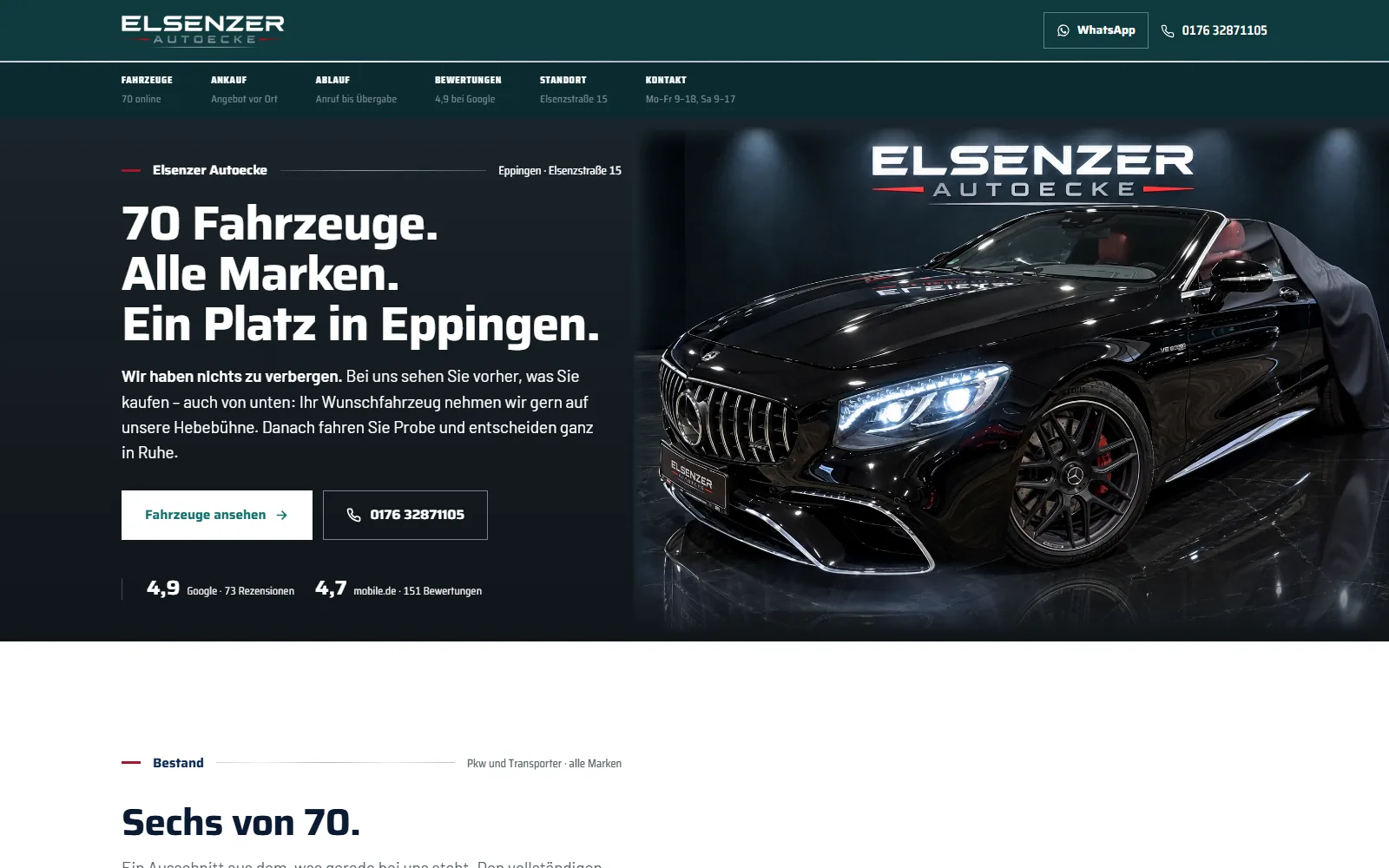 Startseite der Elsenzer Autoecke auf dem Desktop: dunkler Hero mit Überschrift und Fahrzeugfoto